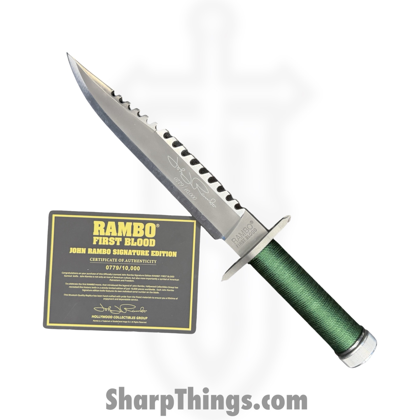798118011635.jpg Rambo Knives - RB9423 - First Blood John Rambo - Fixed Blade Knife - Stainless Satin Saw Back - Cord Wrapped - OD Green - Image 1