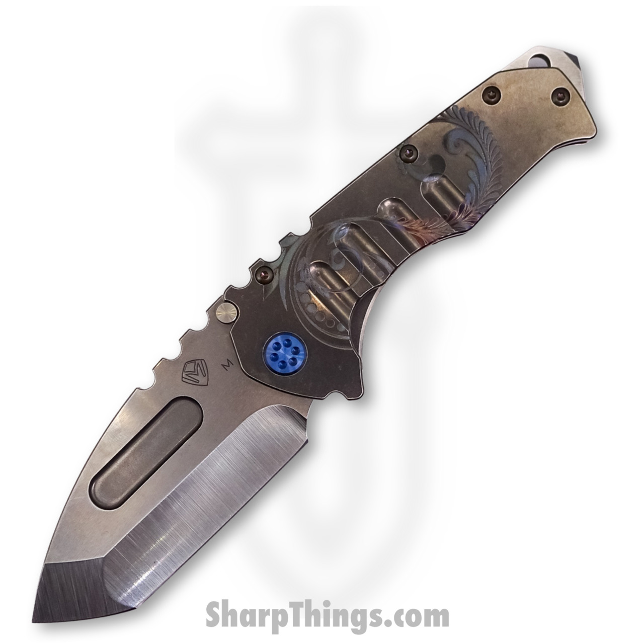 9c765ded-fc8a-4996-95f8-fad90d63deea_MK012MTT-01TM-T2T2-BN_1.jpg Medford Knife - MK012MTT-01TM-T2T2-BN - Praetorian "T" Tanto Folder - Magnacut Tumbled - "Blue Laurel Leaf" - Image 1