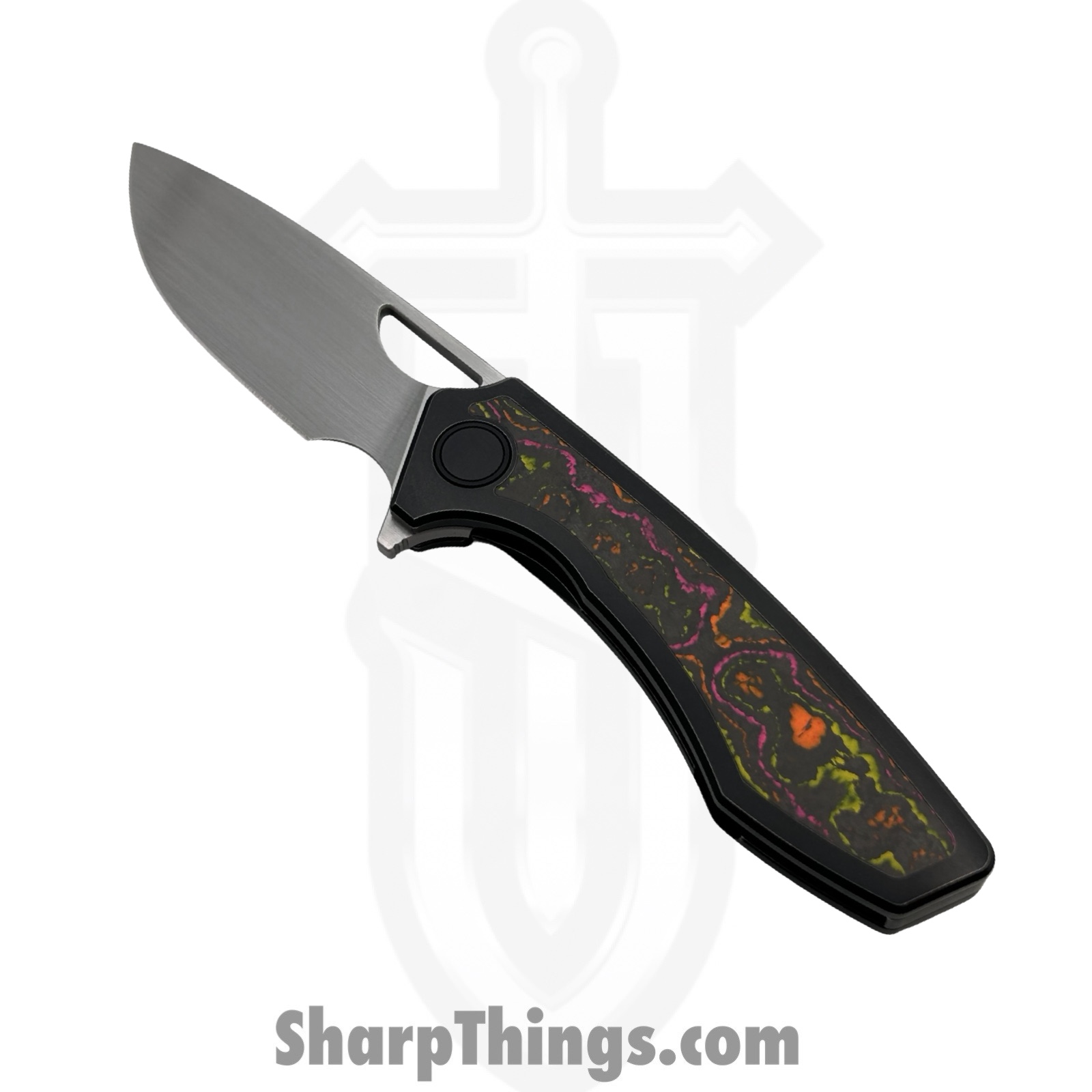 GCSIKFlo_1.jpg Gecko Customz KW - GCSIKFlo - Sikorae V2 - Folding Knife - CPM MagnaCut Satin Drop Point - Titanium Flo Party Inlay - Black Multi - Image 1