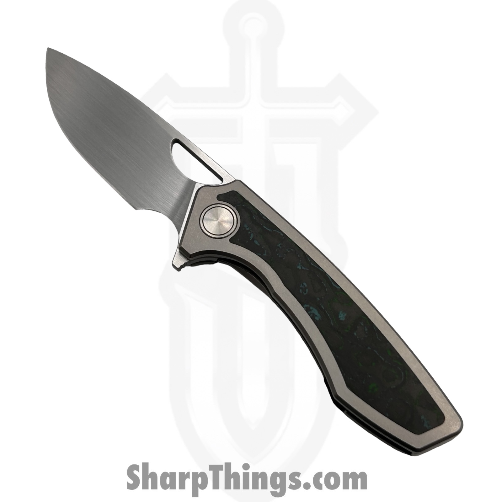 GCSIKKelp_1.jpg Gecko Customz KW - GCSIKKelp - Sikorae V2 - Folding Knife - CPM MagnaCut Satin Drop Point - Titanium Kelp Bed Inlay - Silver Green - Image 1