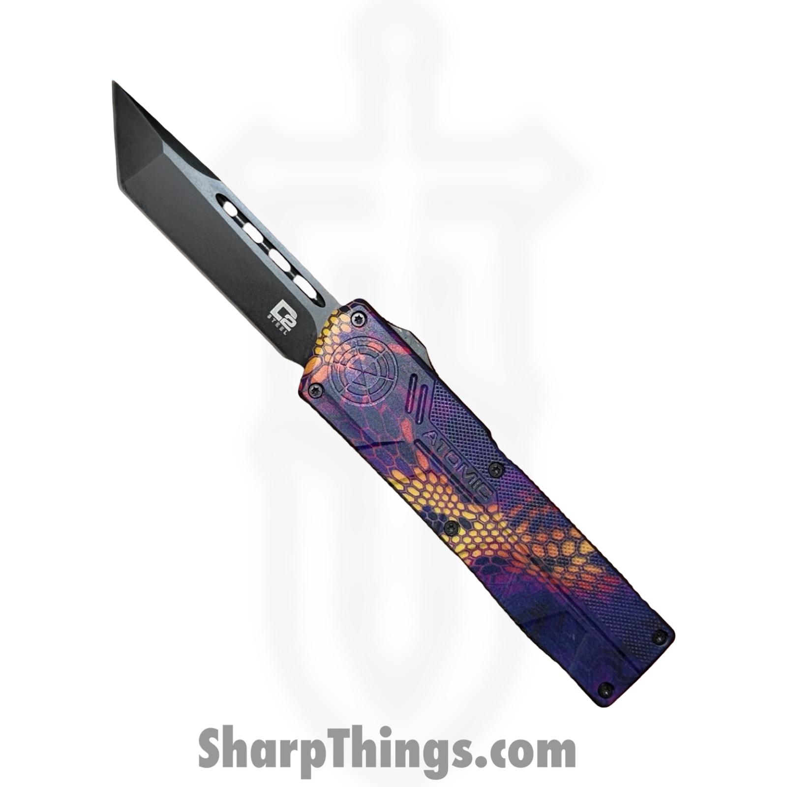 WNS-DT01SCMPBT.jpg Atomic Knives - WNS-DT01SCMPBT - UltraLite ATOMIC - OTF Auto - D2 Coated Tanto - Aluminum - Snake Camo - Image 1