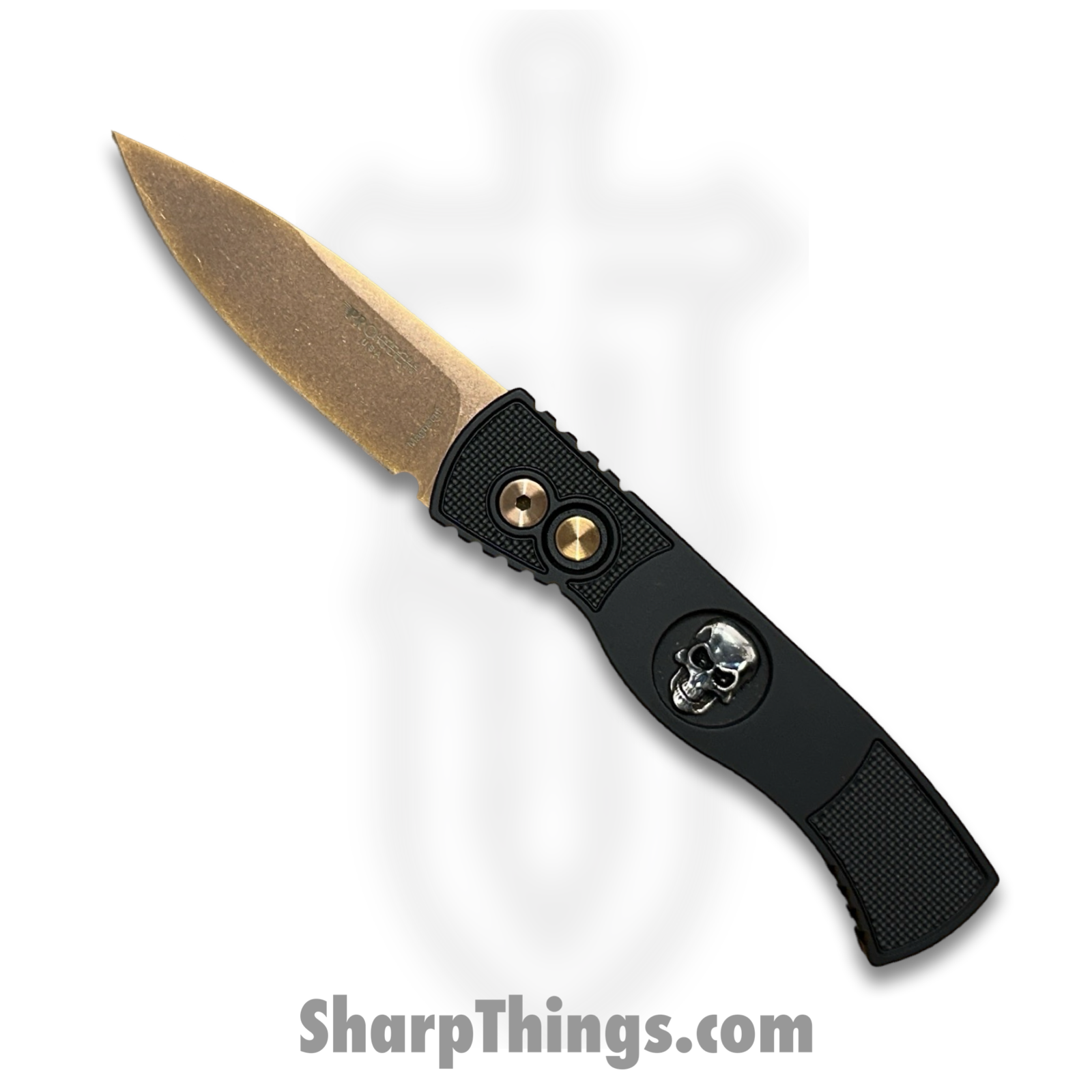 a5dcd588-423b-42e6-b0a6-fa81c96b9568_TR-2-RG-Skull_1.png ProTech - TR-2 RG Skull - Tactical Response 2 - Automatic Knife - CPM MagnaCut Rose Gold Coated Drop Point - 6061-T6 Aluminum - Black - Image 1