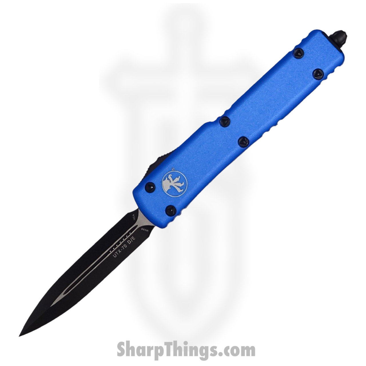 aa86238e-c7fb-4c85-b290-2e2f9f3045fe_147-1BL_1.jpg Microtech - 147-1BL - UTX-70 - OTF Auto - Elmax, M390, 204P Coated Dagger - 6061-T6 Aluminum - Blue - Image 1