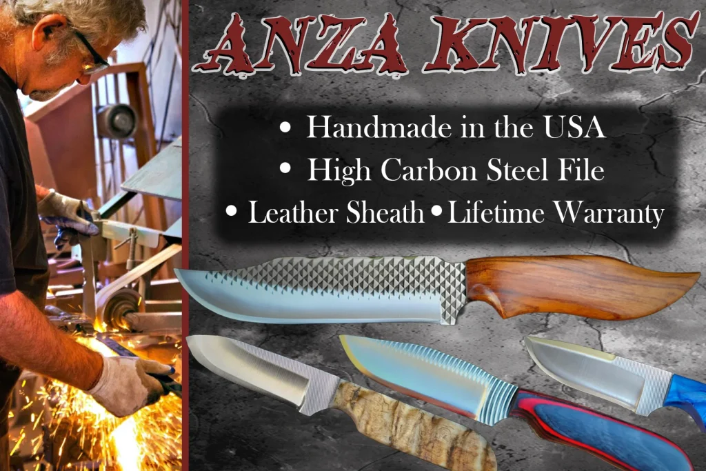 ANZA Knives banner showing a maker grinding a blade and four handmade file knives, handmade in the USA with leather sheath and lifetime warranty