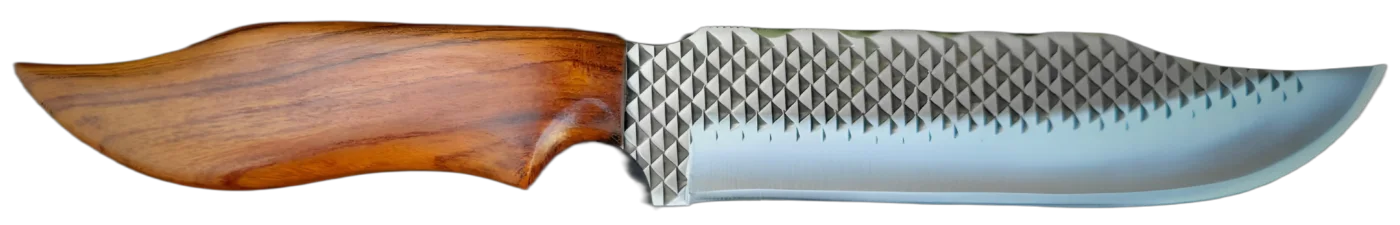 Large ANZA knife made from a rasp, showing the diamond rasp pattern on the blade and a shaped wood handle