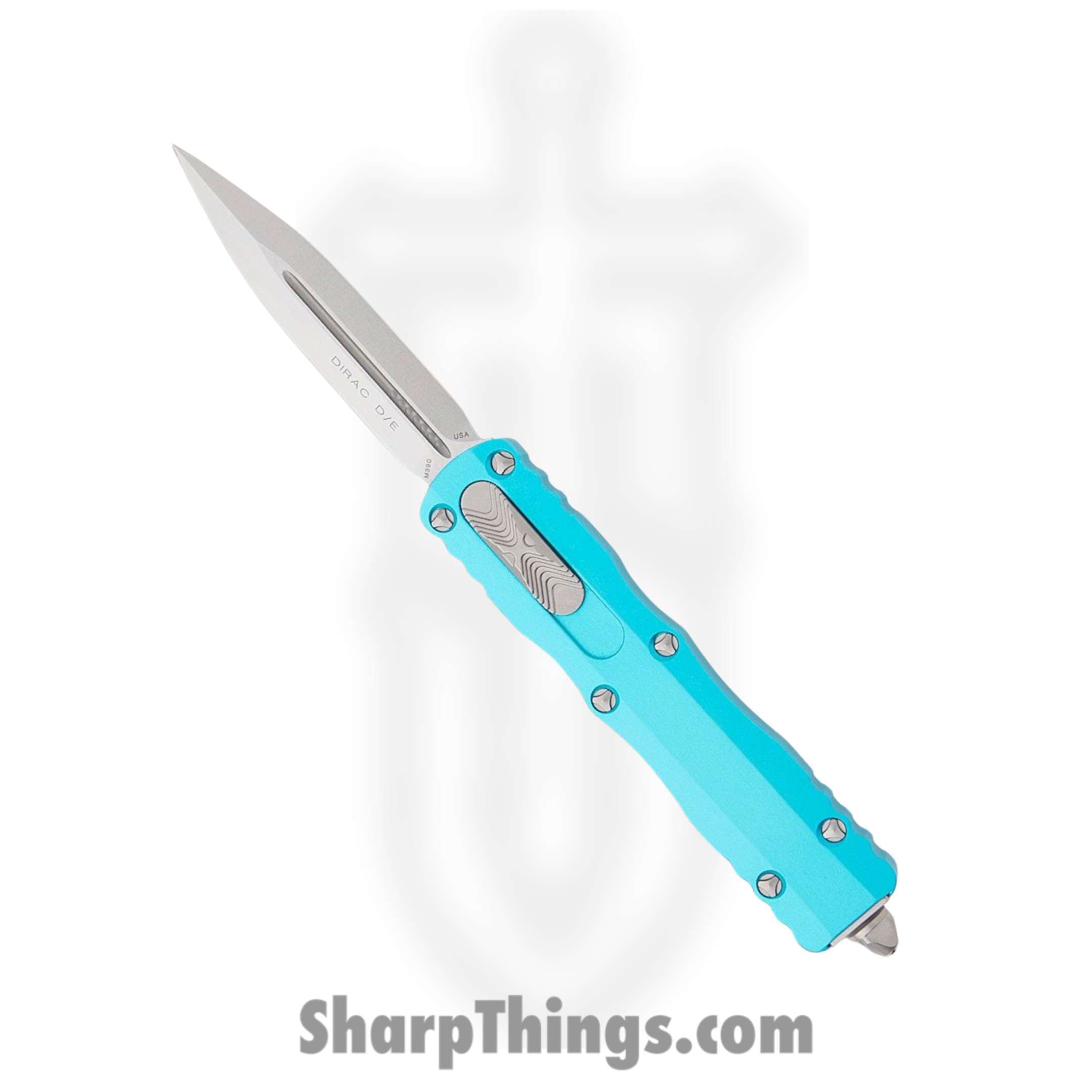 b06d842f-b8c8-480d-ab9e-3ef43ed7097b_225-10TQ_1.png Microtech - 225-10TQ - Dirac D/E - OTF Auto - Stonewash Dagger - 6061-T6 Aluminum - Turquoise - Image 1