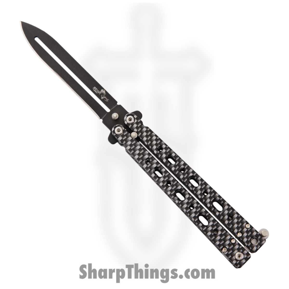 b25424d3-1f4b-4286-bbe0-9379c6b9f0c9_BCB500AICFB_1.jpg Bear & Son - BCB500AICFB - Butterfly - Balisong - 1095 HC Coated Spear Point - Carbon Fiber - Black White - Image 1