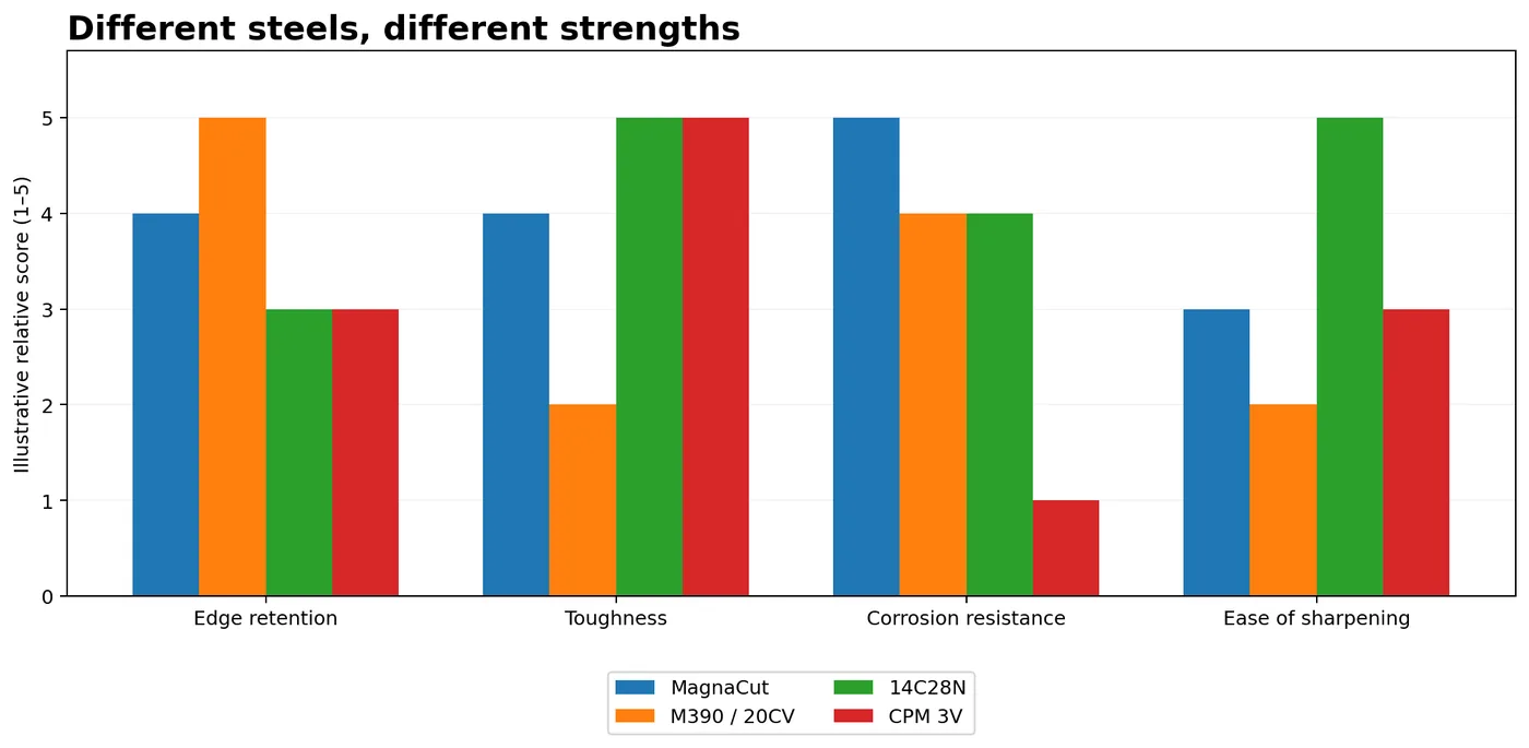 Bar chart comparing MagnaCut, M390/20CV, 14C28N and CPM 3V on edge retention, toughness, corrosion resistance and ease of sharpening