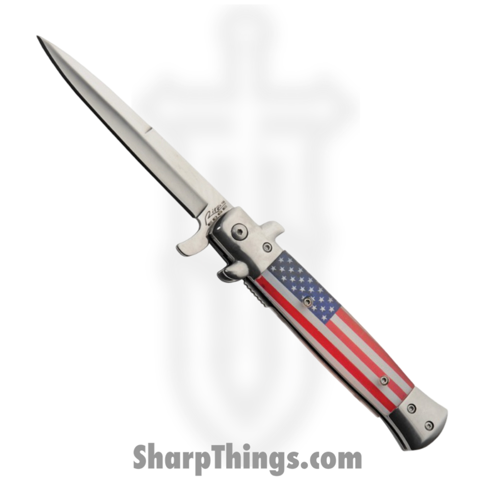 cdbe77d1-d7b3-498a-ac43-cd849f642761_CN300611US_1.jpg Rite Edge - CN300611US - Stiletto Linerlock - Assisted Open Knife - Stainless Satin Dagger - Resin - Red White Blue - Image 1