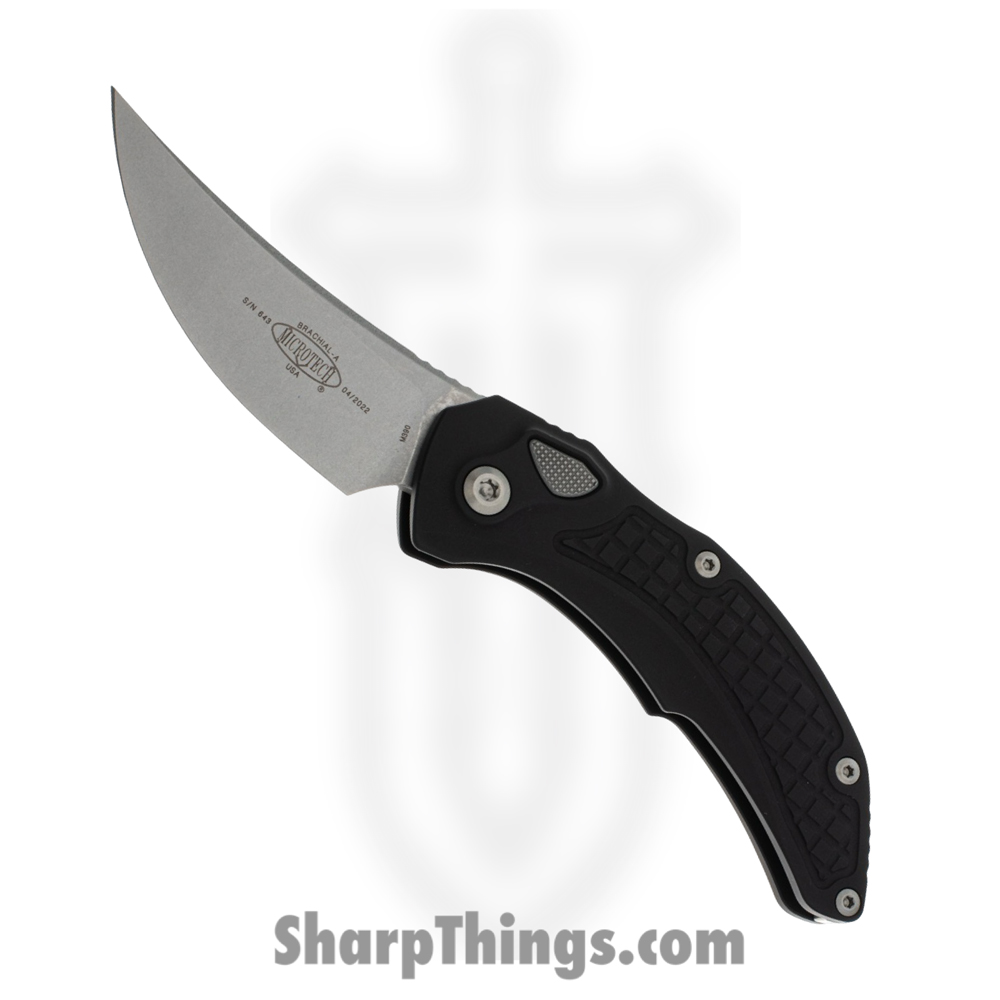 d5dad720-d61b-44fa-afd4-0e9b5f366ea7_268A-10_1.jpg Microtech - 268A-10 - Brachial - OTF Auto - M390 Stonewash Trailing Point - Milled 6061-T6 Aluminum - Black - Image 1