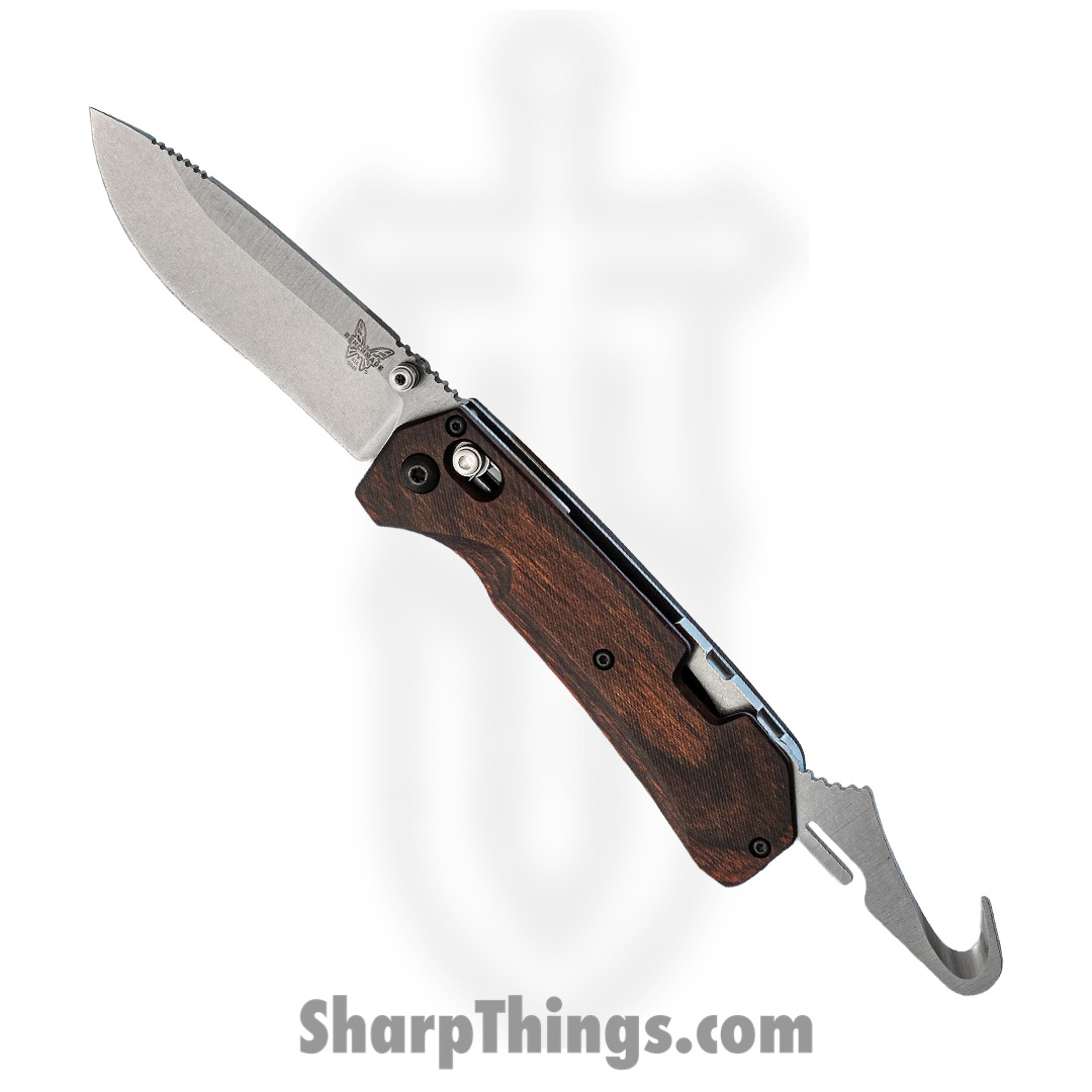 d6032032-69b7-4aad-bce0-d40f0ef3a57d_150602_1.jpg Benchmade - 150602 - Hunt Grizzly Creek with Gut Hook - Folding Knife - S30V Stonewash Drop Point - Dymondwood - Brown - Image 1