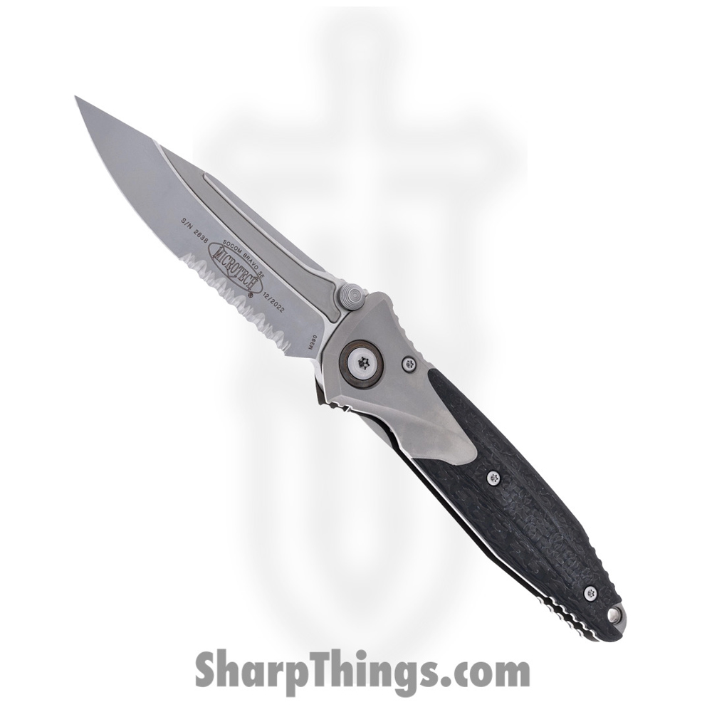 e61665e6-ada2-4b4a-b914-09df5586e3c8_260-8CFTI_1.jpg Microtech - 260-8CFTI - Socom Bravo - Folding Knife - M390 Blasted Clip Point - Titanium/CF Scales - Black/Gray - Image 1