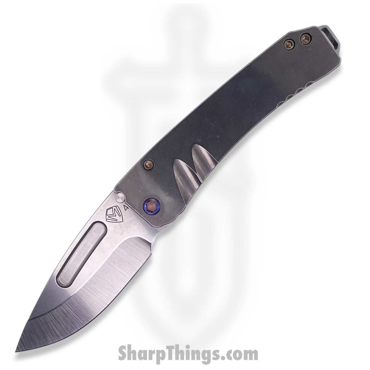 e942cd35-f68c-4396-ac93-548460d81c77_MK0334TD-01TM-TFCF-Q4_1.jpg Medford Knife - MK0334TD-01TM-TFCF-Q4 - Midi Marauder Drop Point Folder - Tumbled S45VN Titanium - Image 1