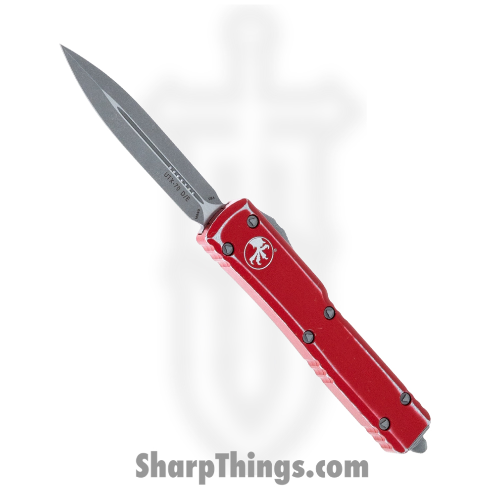f2284e2d-2863-4ae2-80dc-001097effd7e_147-10DRD_1.jpg Microtech - 147-10DRD - UTX-70 - OTF Auto - Elmax, M390, 204P Stonewash Dagger - 6061-T6 Aluminum - Distressed Red - Image 1