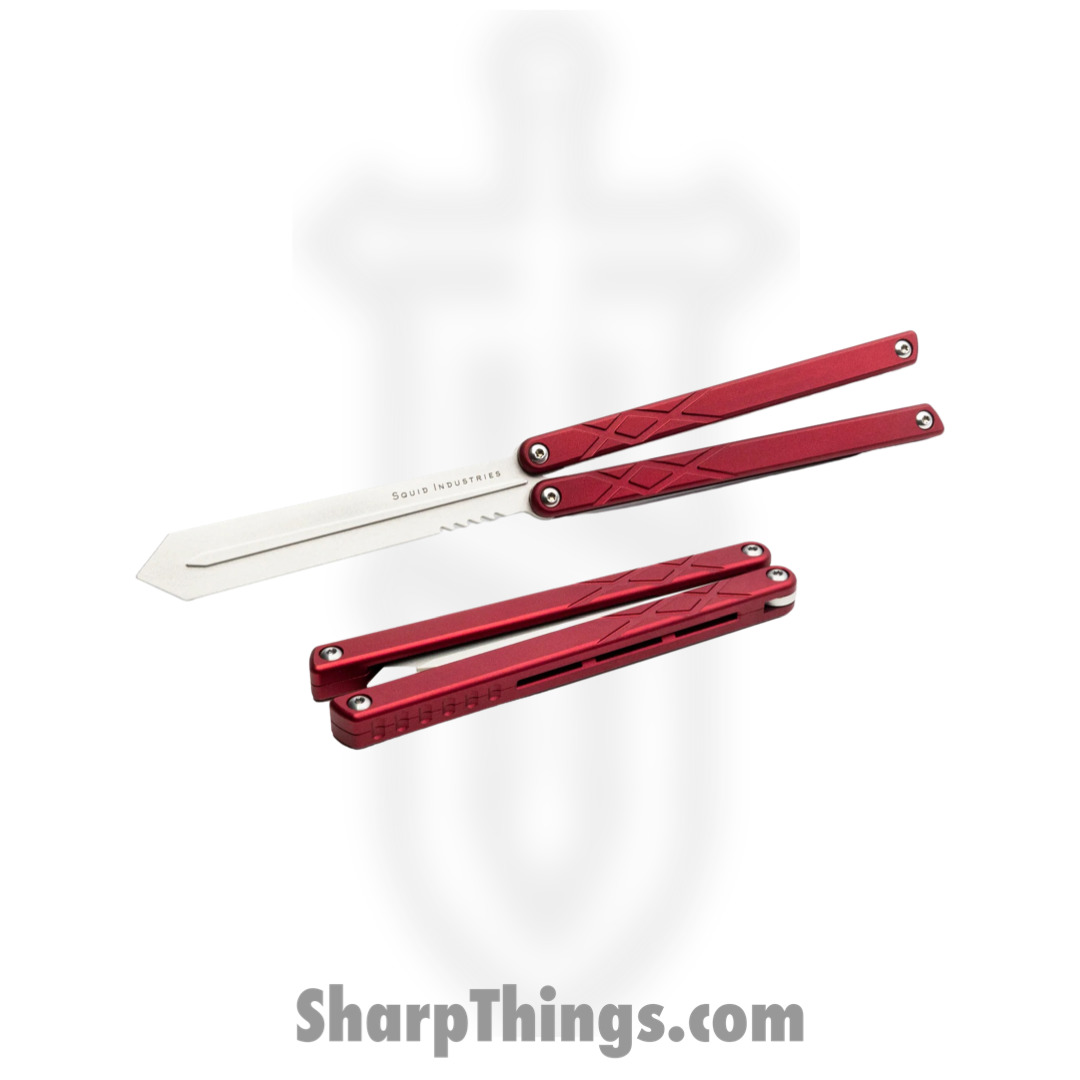 f3cbdb3e-0a67-42c1-be31-3e16397c1a41_07TR75SW01RD_1.jpg Squid Industries - 07TR75SW01RD - Swordfish Trainer Knife - Balisong - Trainer - Bead Blasted 7075 Aluminum - Red and Silver - Image 1
